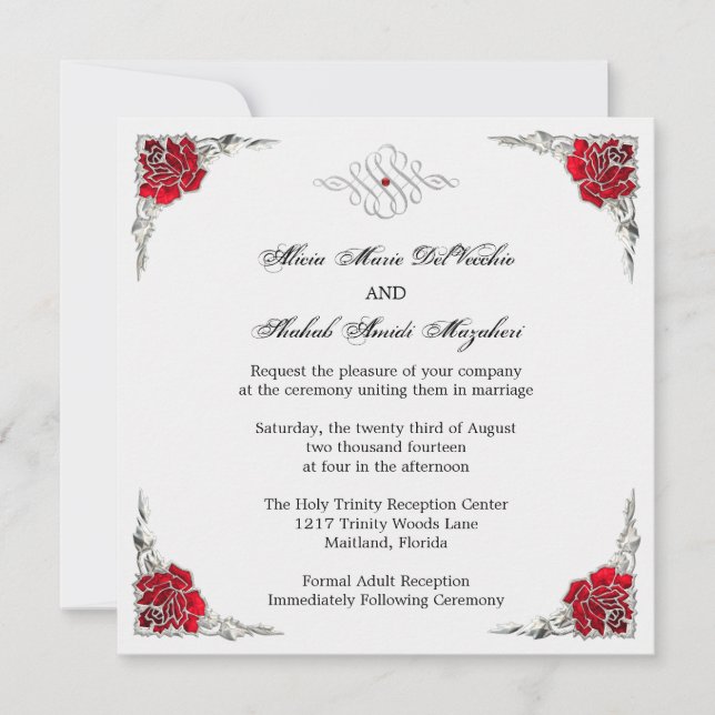 Formal Elegant Silver Accent Floral Wedding Invite (Front)