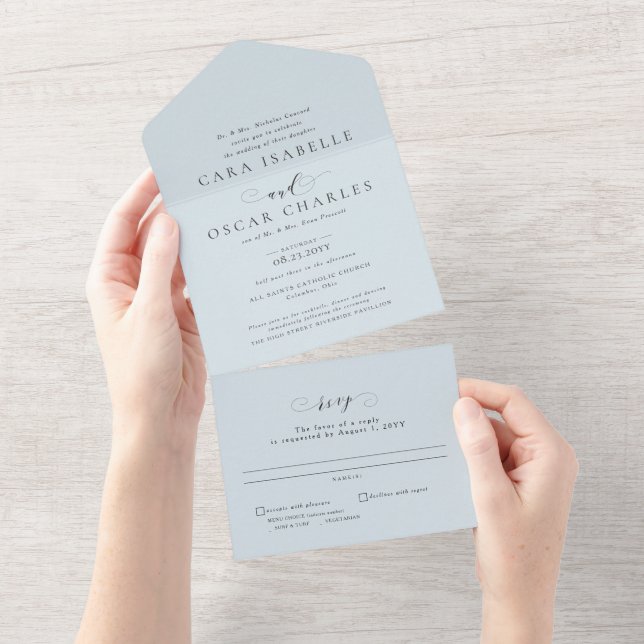 Formal elegant sky blue classic wedding all in one invitation (Tearaway)