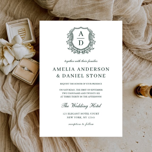 Formal Emerald Green Leafy Crest Monogram Wedding Invitation (Creator Uploaded)