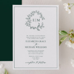 Formal Emerald Green Leafy Crest Monogram Wedding Invitation