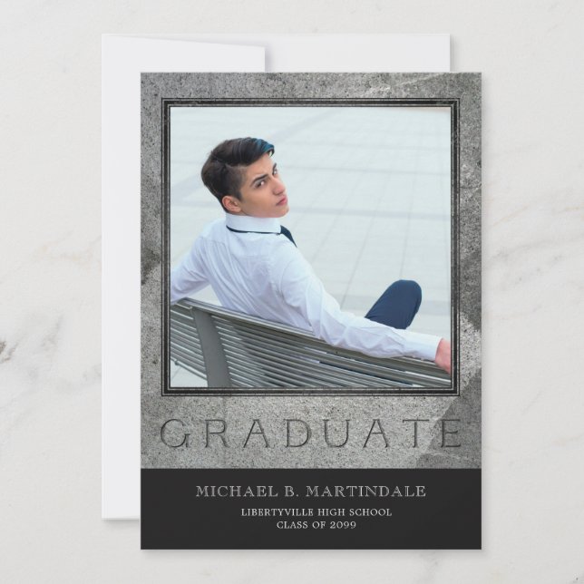 Formal Engraved Stone Two Photo Graduation Party Invitation (Front)