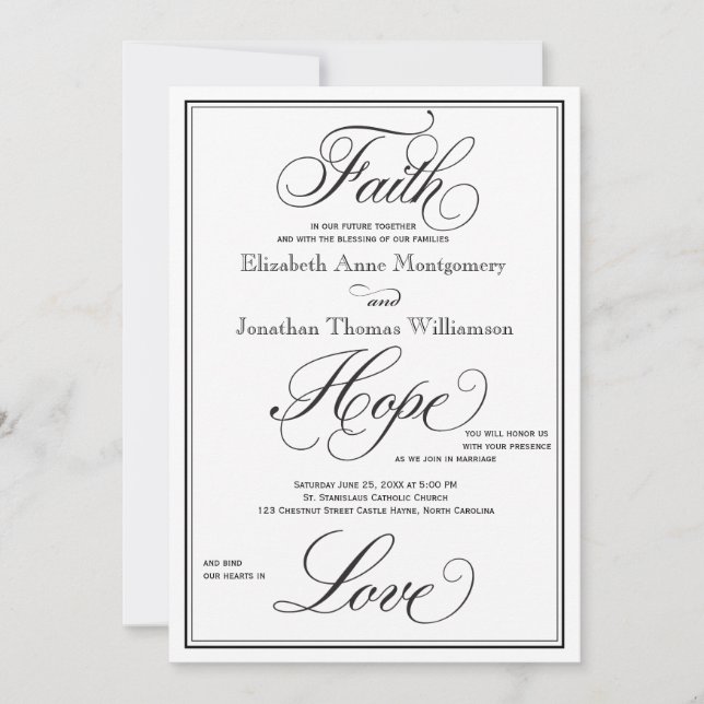 Formal Faith Hope Love Script Wedding Invitation (Front)