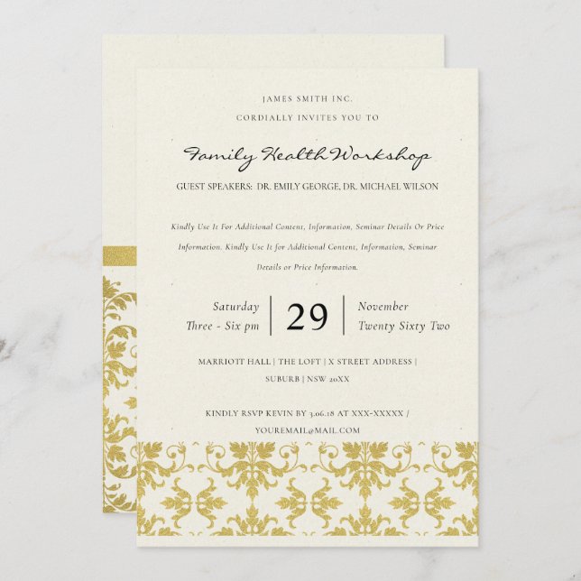 FORMAL FAUX GOLD DAMASK CLASSIC WORKSHOP EVENT INVITATION (Front/Back)