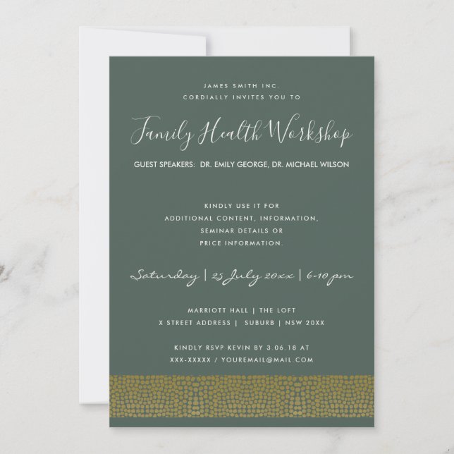 FORMAL FAUX GOLD GREEN MOSAIC DOTS WORKSHOP EVENT INVITATION (Front)
