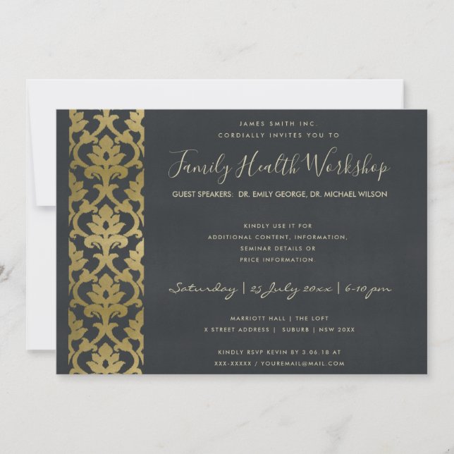 FORMAL FAUX GOLD NAVY DAMASK WORKSHOP EVENT INVITATION (Front)