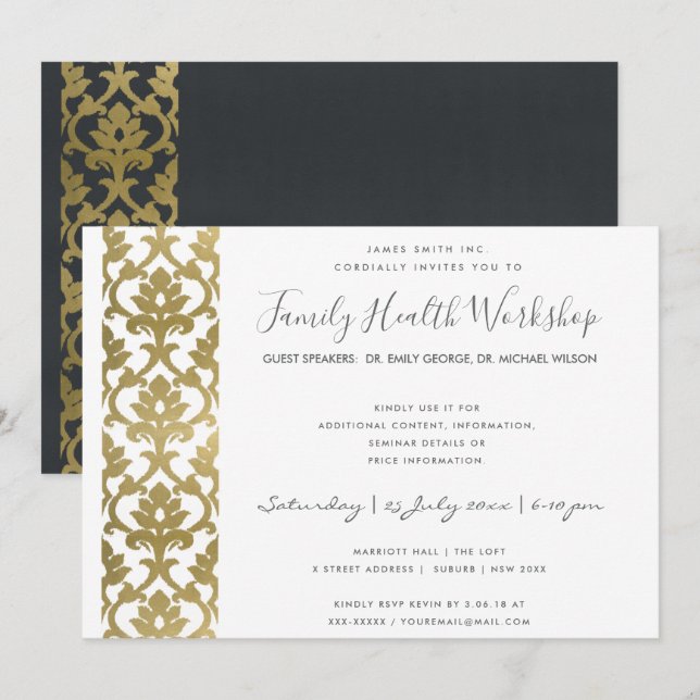 FORMAL FAUX GOLD WHITE DAMASK WORKSHOP EVENT INVITATION (Front/Back)