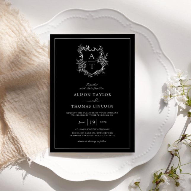 Formal Floral Crest Monogram Black Wedding Invitation (Creator Uploaded)