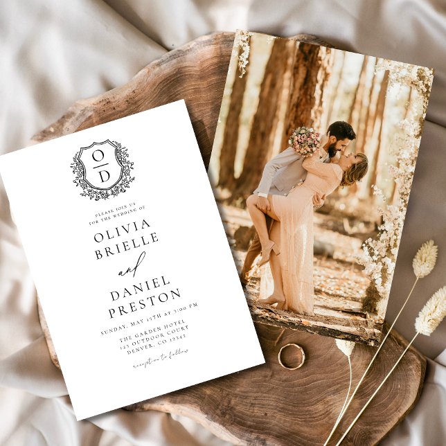 Formal Floral Crest Monogram Photo Wedding  Invitation (Creator Uploaded)