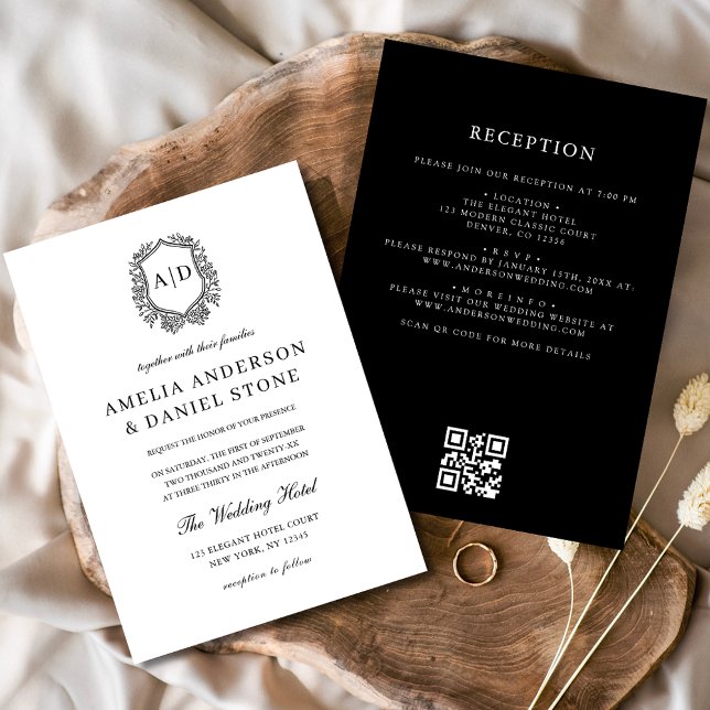 Formal Floral Crest Monogram Wedding QR Code Invitation (Creator Uploaded)