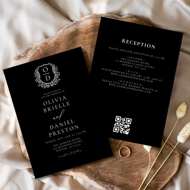 Formal Floral Crest Monogram Wedding QR Code Invitation (Creator Uploaded)