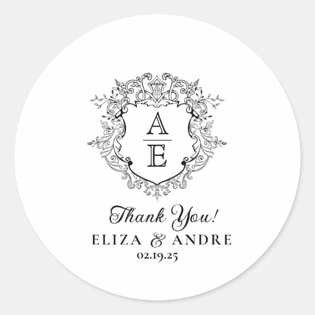 Formal Floral Crest Monogram Wedding Thank You Classic Round Sticker (Front)