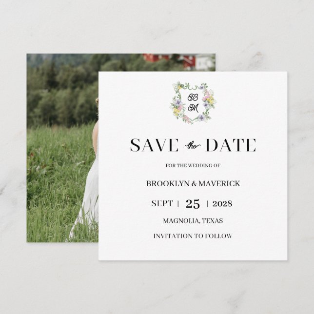 Formal Floral Monogram Crest Wedding Save The Date (Front/Back)