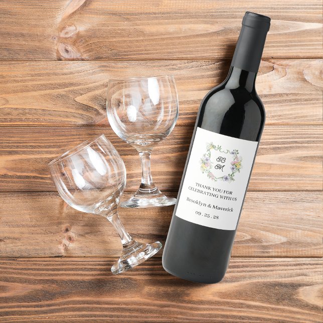 Formal Floral Monogram Crest Wedding Wine Label (Creator Uploaded)