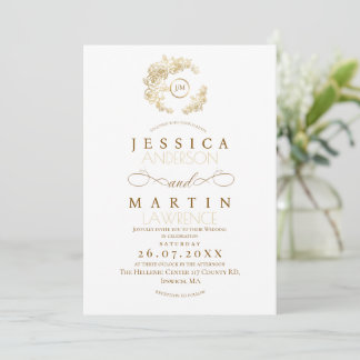 Formal Floral Monogram Gold Rose Wedding   Invitation