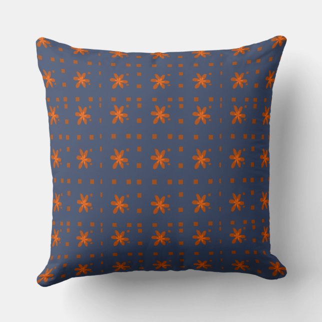 Formal Floral Square Conundrum Blue Orange Throw Pillow (Back)