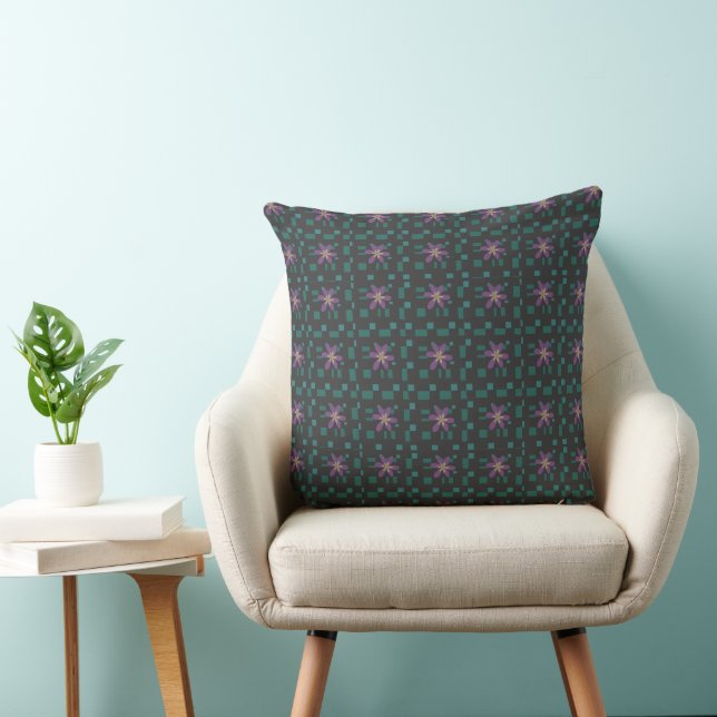 Formal Floral Square Conundrum Grey Teal Lavender Throw Pillow (Chair)