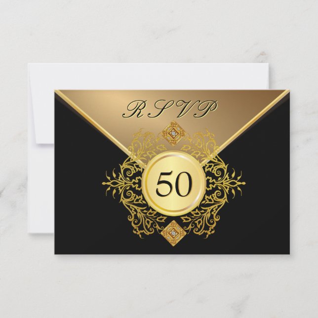 Formal Gold Black 50th Birthday Anniversary RSVP Card (Front)