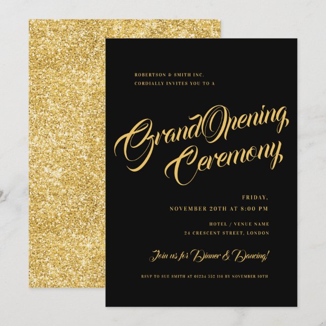 Formal Gold Black Glitter Corporate Grand Opening Invitation (Front/Back)