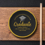 Formal Gold Black Graduation Party Personalized Paper Plate<br><div class="desc">These sophisticated gold and black graduation party paper plates feature elegant cursive script under a grad cap. Personalize this congratulations Class of 2025 graduate decor with chic serif typography for a formal senior celebration. Modern high school or college graduation party suite with a sleek round border.</div>