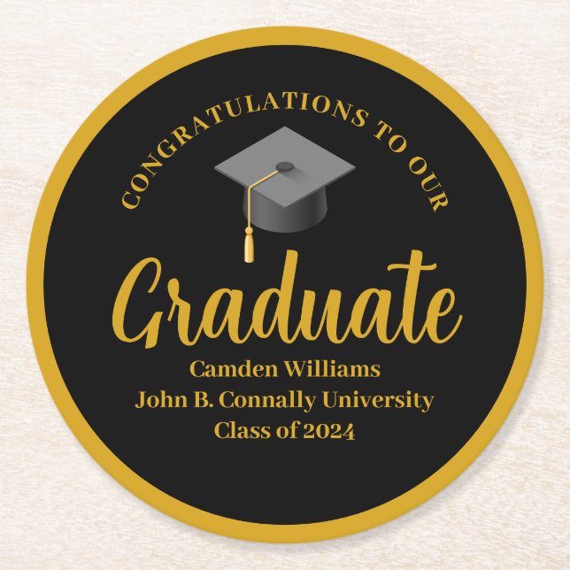 Formal Gold Black Graduation Personalized Party Round Paper Coaster (Front)