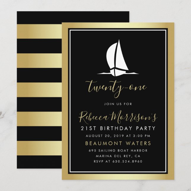 Formal Gold Black & White Sailing Boat Birthday Invitation (Front/Back)