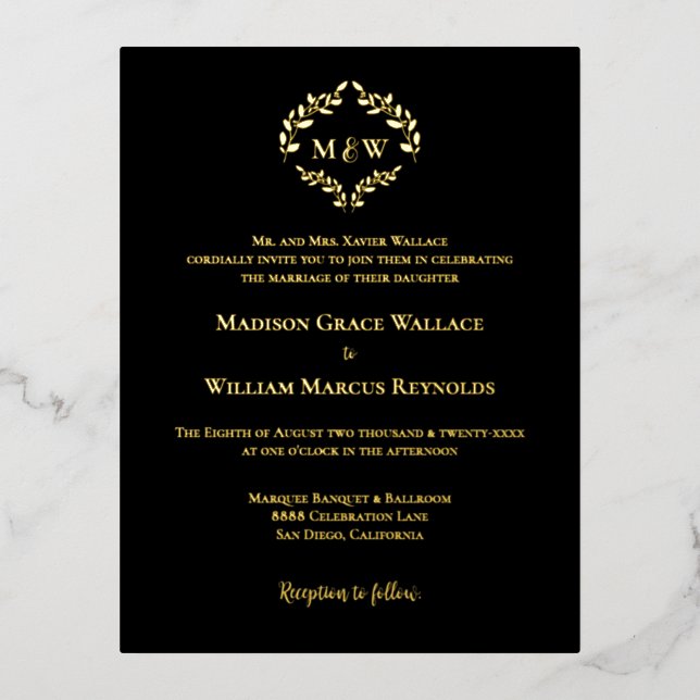 Formal Gold Foil Black Monogram Wreath Wedding Foil Invitation Postcard (Front)