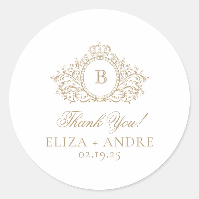 Formal Gold Monogram Crest Thank You Custom Classic Round Sticker (Front)