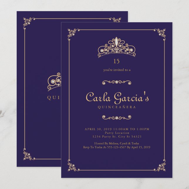 Formal, Gold Quinceanera Invitations (Front/Back)