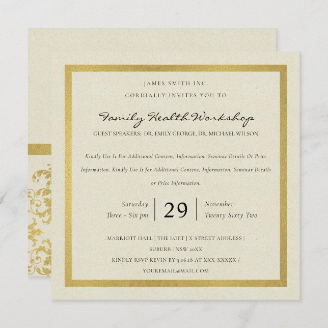 FORMAL GOLD WHITE DAMASK CLASSIC WORKSHOP EVENT INVITATION (Front/Back)
