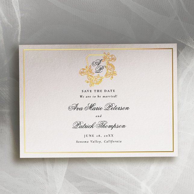 Formal Gold Wild Roses Crest Wedding Save the Date (formal wedding save the date modern classic traditional wild roses floral crest gold foil frame)