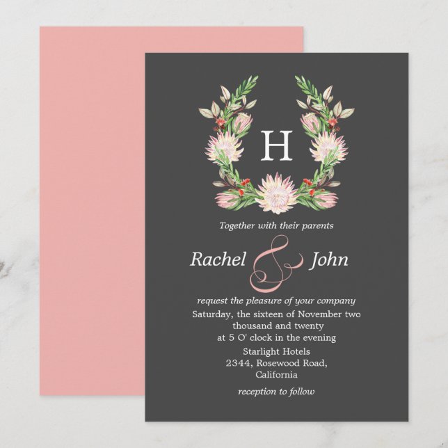 Formal Grey Australian Floral Monogram Wedding Invitation (Front/Back)