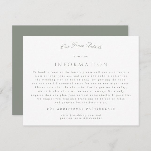 Formal Grey Green Calligraphy Wedding Details Enclosure Card (Front/Back)