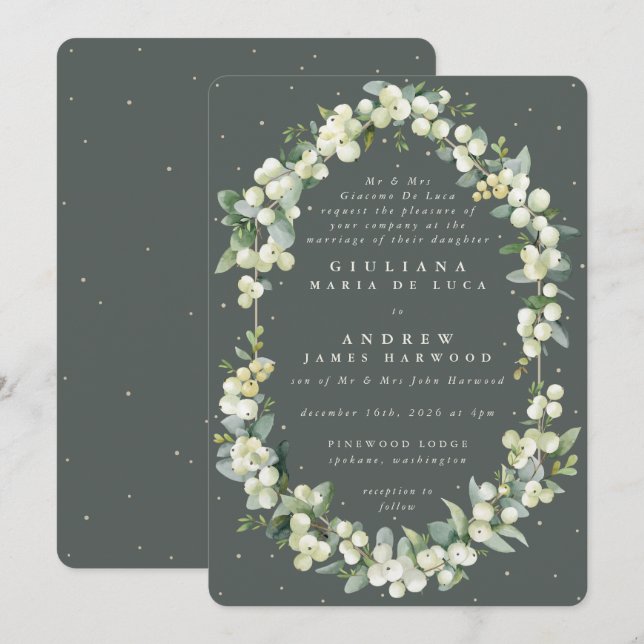 Formal Grey Green Snowberry+Eucalyptus Wedding Invitation (Front/Back)