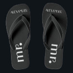 Formal Grooms Wedding Personalized Flip Flops<br><div class="desc">A cute addition to your beach or poolside wedding! Black flip flops with the word "Mr." and the grooms name are personalized. To see matching brides flip flops- Please visit my store "The Hungarican Princess" at www.zazzle.com/hungaricanprincess*. Look in my "Flip Flops" department category. Congratulations!</div>