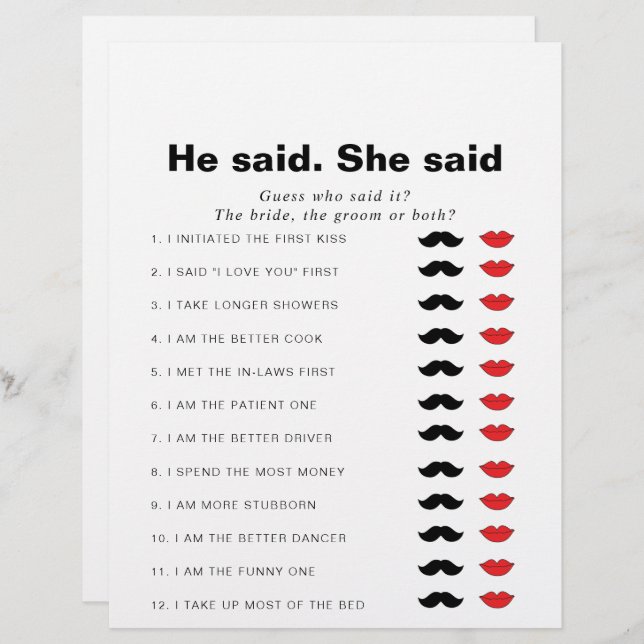 Formal He Said She Said Bridal Shower Game (Front/Back)