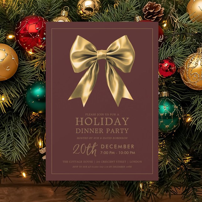 Formal Holiday Dinner Party Gold Satin Bow Marsala Invitation (Formal Holiday Dinner Party Gold Satin Bow Marsala Invitation)