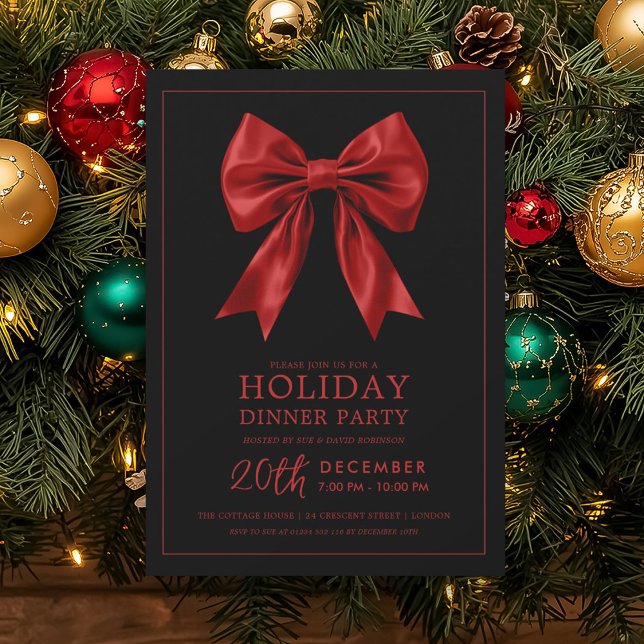 Formal Holiday Dinner Party Red Satin Bow Black  Invitation (Formal Holiday Dinner Party Red Satin Bow Black Invitation)