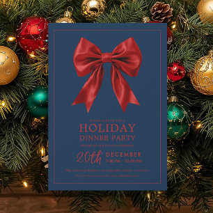 Formal Holiday Dinner Party Red Satin Bow Navy Invitation