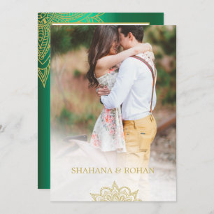 Formal Indian Style Photo Green Gold Chic Wedding Invitation
