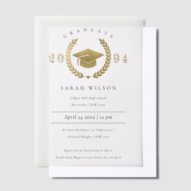 Formal Laurel Wreath Gold Graduation Cap Party Vellum Invitations (Offset)