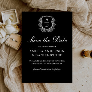 Formal Leafy Crest Monogram Black White Wedding  Save The Date