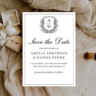 Formal Leafy Crest Monogram Black White Wedding Save The Date
