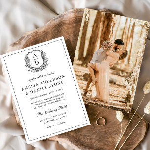 Formal Leafy Crest Monogram Photo Wedding  Invitation