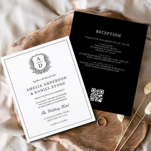 Formal Leafy Crest Monogram Wedding QR Code Flyer (Creator Uploaded)