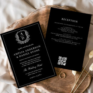 Formal Leafy Crest Monogram Wedding QR Code Invitation