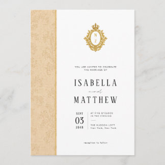 Formal Leafy Gold Crest Monogram Wedding Invitation