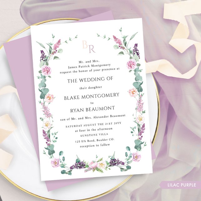 Formal Lilac Purple Pastel Floral Monogram Wedding Invitation (Creator Uploaded)