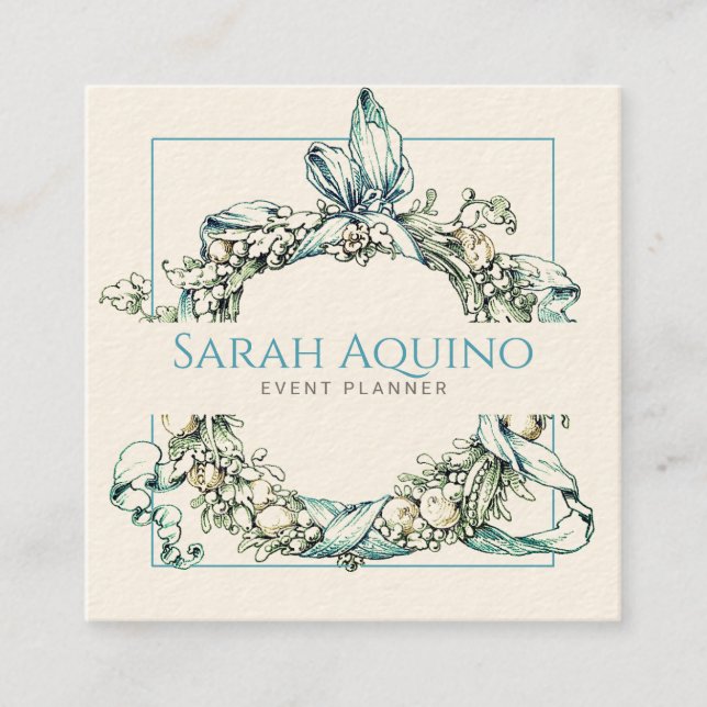Formal Lush Blue Green Wreath Event Planner Square Business Card (Front)