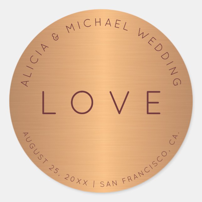 Formal luxury copper gold burgundy wedding love classic round sticker (Front)