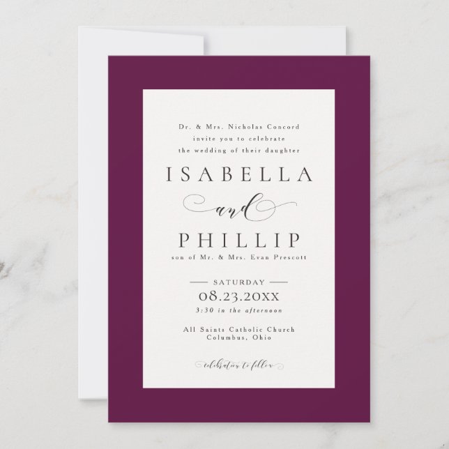Formal maroon burgundy wedding invitation (Front)